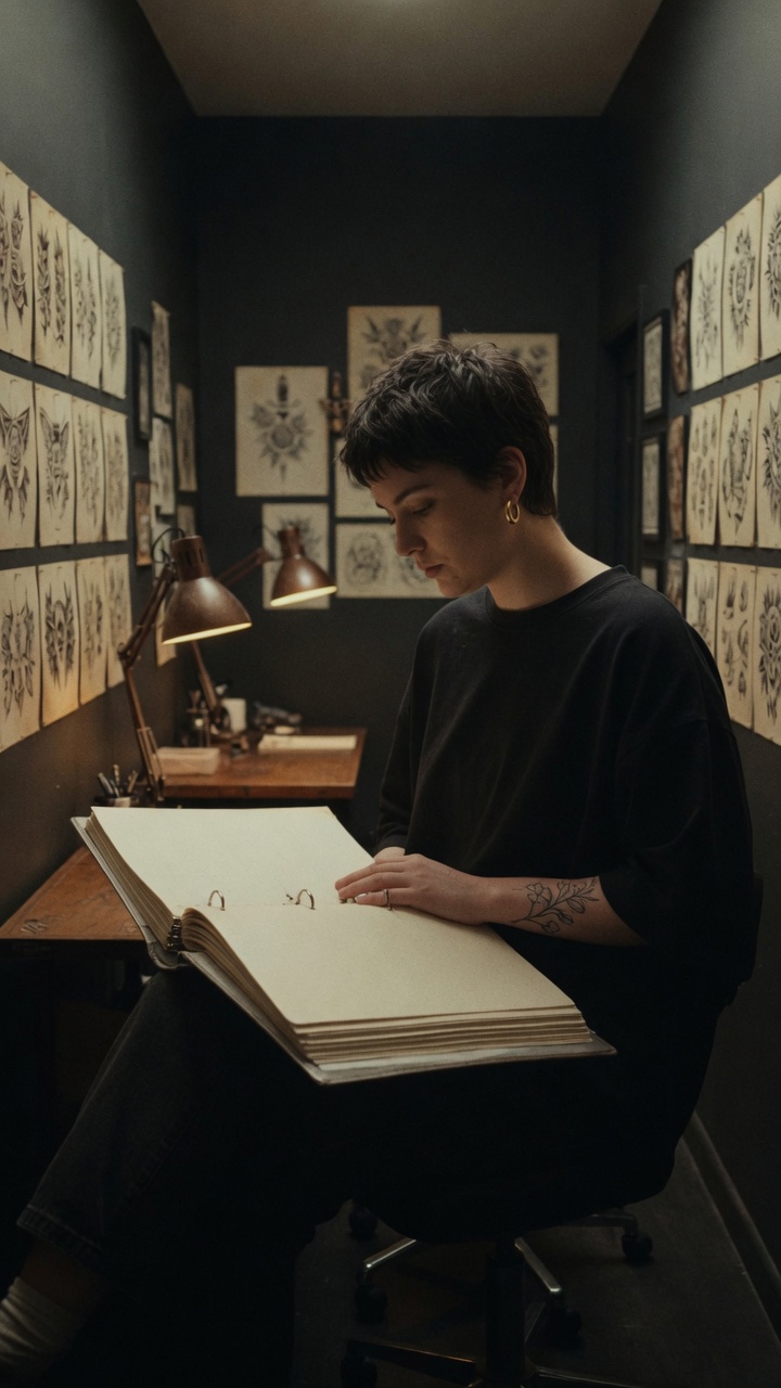 Client looking through tattoo designs