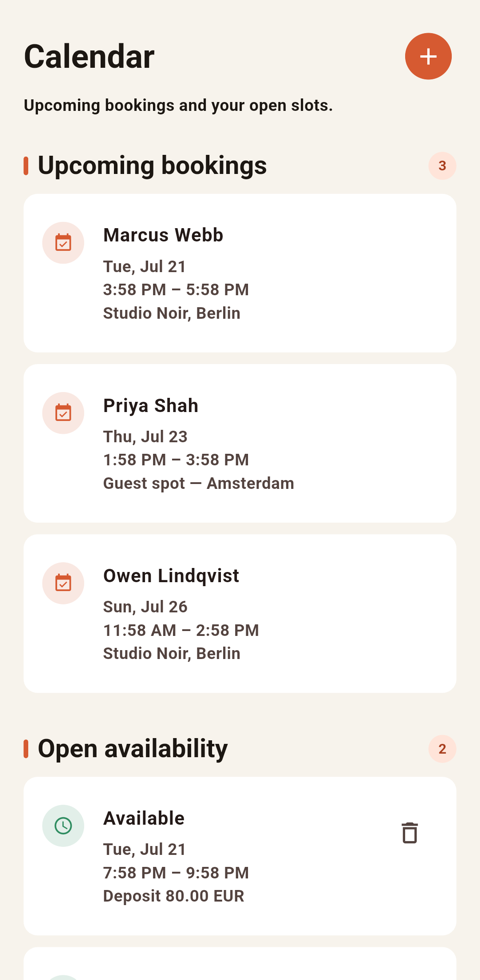 InkArtists app calendar with upcoming bookings and open slots