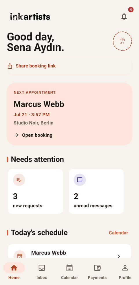 InkArtists app home screen with next appointment and new requests