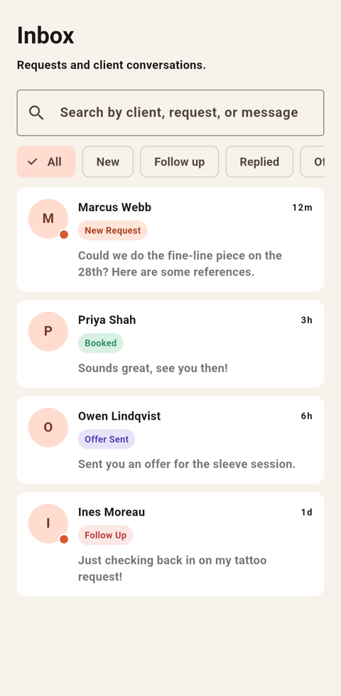 InkArtists app inbox with booking requests and client conversations