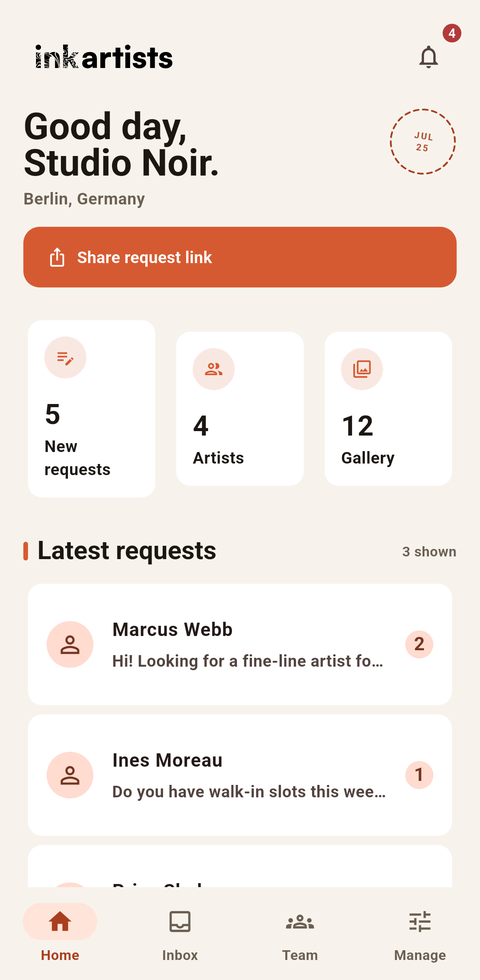 InkArtists app studio dashboard with new requests, artists, and the studio request link